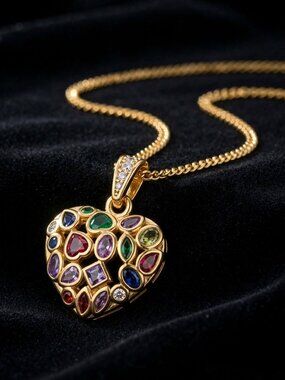 Rainbow CZ Heart Pendant Necklace 18K Gold Plated Steel Multicolor Stones 0.5"